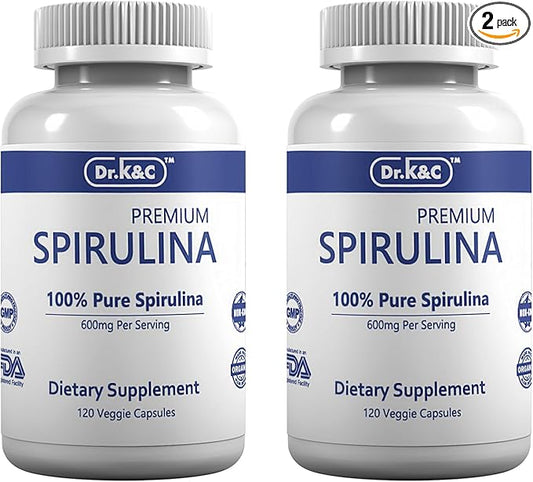 Dr.K&C Organic Spirulina Superfood Supplement – Pure Natural Blue Green Microalgae 600 mg 240 Veggie Capsules Health Immune System Antioxidants Protein Fiber No Filler Non GMO Vegan 2pk