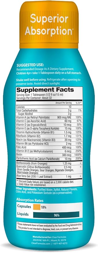 Sugar Free Liquid Multivitamin for Kids - High Absorption Kids Liquid Multivitamin with Vitamins A C D E & B Complex plus Quercetin Immune Support Complex - 3rd Party Tested - Orange Flavor (1 Month)
