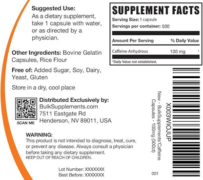 BulkSupplements.com Caffeine 100mg Capsules - Caffeine Supplements, Caffeine Pills 100mg - for Energy Support, 1 Caffeine Capsule per Serving, 500 Capsules (Pack of 1)