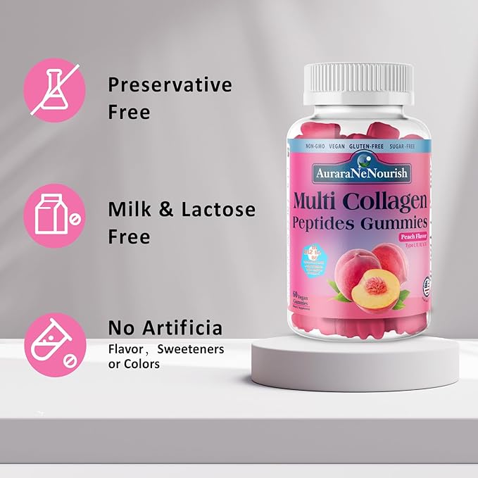 Multi Collagen Peptides Gummies, Sugar Free Hydrolyzed 5000mg Protein丨Type I,II,III,V,X with Biotin Hyaluronic Acid Vitamin C A D B6 B12 L-Glutathione for Skin Hair Nail Joint Bone -Peach Gummies