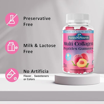 Multi Collagen Peptides Gummies, Sugar Free Hydrolyzed 5000mg Protein丨Type I,II,III,V,X with Biotin Hyaluronic Acid Vitamin C A D B6 B12 L-Glutathione for Skin Hair Nail Joint Bone -Peach Gummies