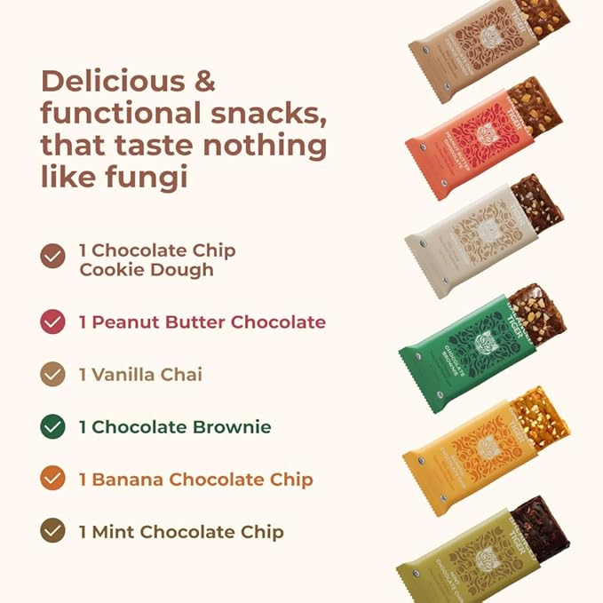 Organic Functional Mushroom Protein Bars | Made in USA | Full Dose (1500mg) Lions Mane, Chaga, Reishi & Cordyceps Bars | Vegan Protein Bars, Superfoods Protein Bars | 6 Bars Sampler Pack
