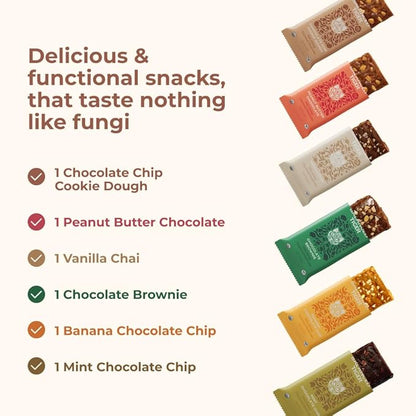Organic Functional Mushroom Protein Bars | Made in USA | Full Dose (1500mg) Lions Mane, Chaga, Reishi & Cordyceps Bars | Vegan Protein Bars, Superfoods Protein Bars | 6 Bars Sampler Pack