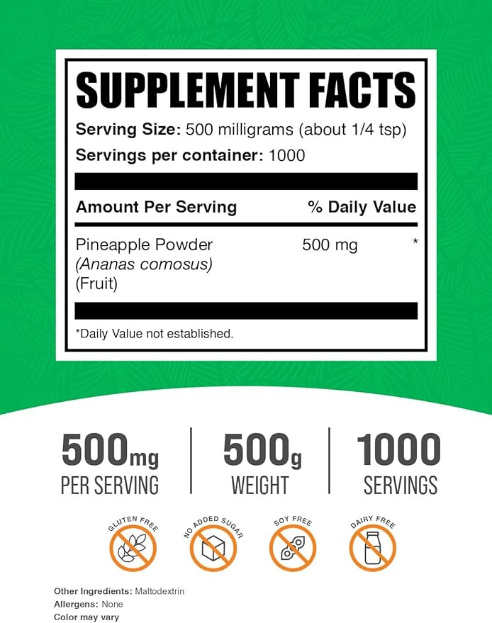 BulkSupplements.com Pineapple Powder - Pineapple Fruit Powder, for Flavoring & Smoothies - Unsweetened & Gluten Free, 500mg per Serving, 500g (1.1 lbs) (Pack of 1)