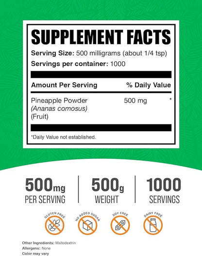 BulkSupplements.com Pineapple Powder - Pineapple Fruit Powder, for Flavoring & Smoothies - Unsweetened & Gluten Free, 500mg per Serving, 500g (1.1 lbs) (Pack of 1)
