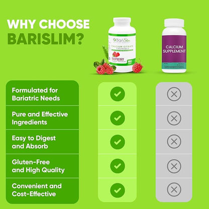 BariSlim Bariatric Calcium Citrate with Magnesium & Vitamin D Tabs - 500mg Calcium Citrate - Formulated for Post Weight Loss Surgery - Supports Bone Health | Raspberry Flavor