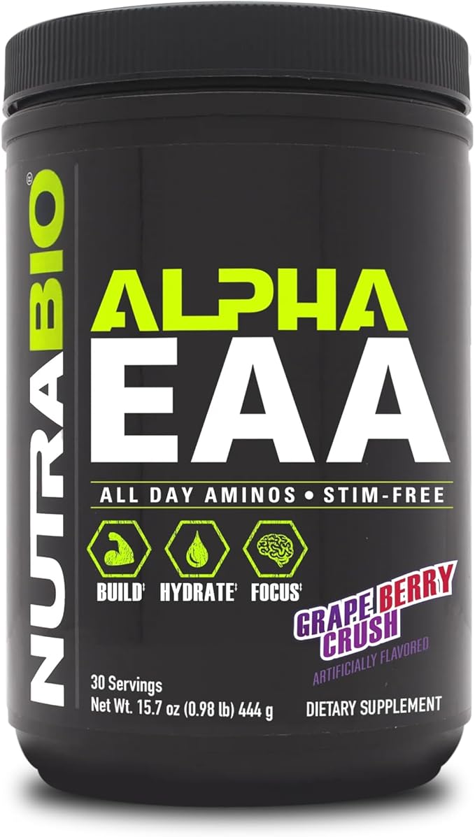 NutraBio Alpha EAA - All-Day Aminos - Recovery, Energy, Focus, and Hydration Supplement - Full Spectrum EAA BCAA Matrix, Electrolytes, Nootropics, Coconut Water - 30 Servings - Grape Berry Crush