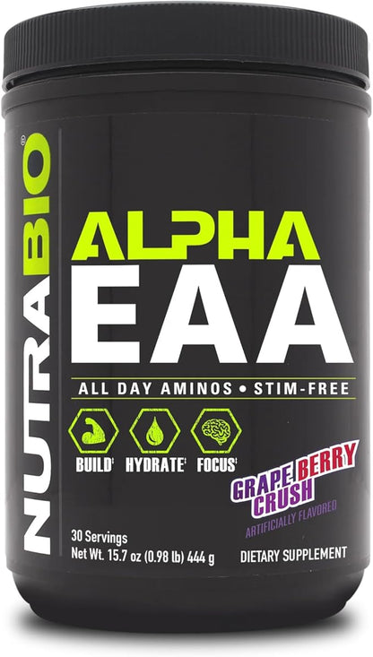 NutraBio Alpha EAA - All-Day Aminos - Recovery, Energy, Focus, and Hydration Supplement - Full Spectrum EAA BCAA Matrix, Electrolytes, Nootropics, Coconut Water - 30 Servings - Grape Berry Crush