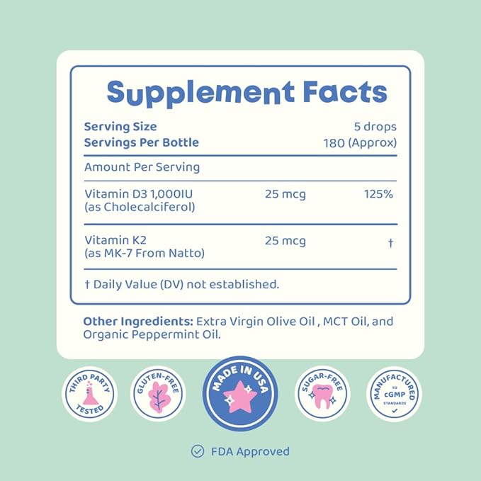 JoySpring Vitamin D3 Kids Drops with Vitamin K2 |180 Servings (1 fl oz)| Vitamin D Toddler Liquid Supplement | Children's Vitamin D Calcium Absorption & Joint Health Support | Vitamin D Kids Ages 3-18