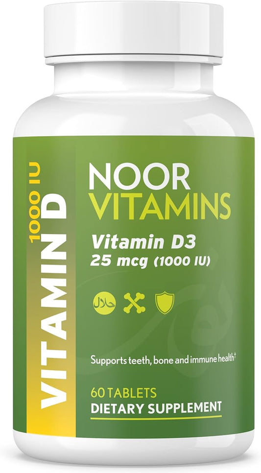 Noor Vitamins Halal Vitamin D, Halal Vitamin D3, 1000 IU Tablets, Supports Bone, Immune & Heart Health, Non-GMO, Gluten Free & Halal (60 Count)
