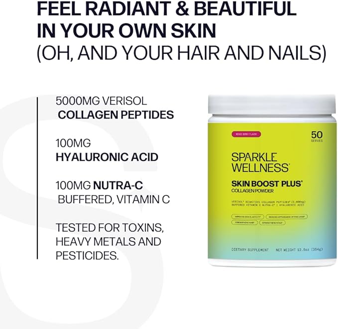 Sparkle Wellness Skin Boost Plus (Mixed Berry) [50-Serves] | Collagen Powder Supplement with VERISOL Bioactive Hydrolyzed Collagen Peptides, Vitamin C & Hyaluronic Acid to Improve Skin Elasticity