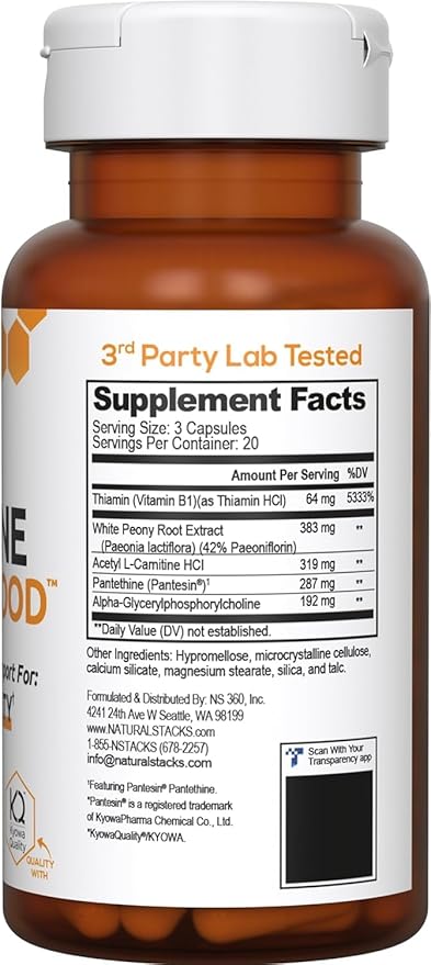 NATURAL STACKS Acetylcholine Alpha GPC 192 mg - 383 mg White Peony Root Extract + 287 mg Pantethine with Vitamin B1 and B5 - Supports Mental Clarity - 60 Acetylcholine Capsules