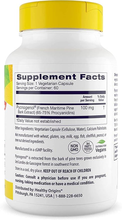 Healthy Origins Pycnogenol 100 mg - Premium Pine Bark Extract - French Maritime Pine Bark Extract for Heart Health, Skin Care & More - Gluten-Free & Non-GMO Supplement - 60 Veggie Caps