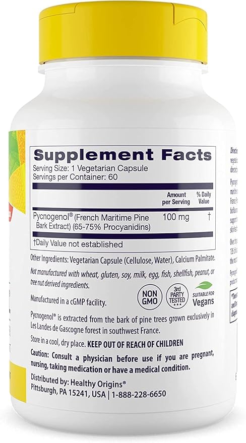 Healthy Origins Pycnogenol 100 mg - Premium Pine Bark Extract - French Maritime Pine Bark Extract for Heart Health, Skin Care & More - Gluten-Free & Non-GMO Supplement - 120 Veggie Caps
