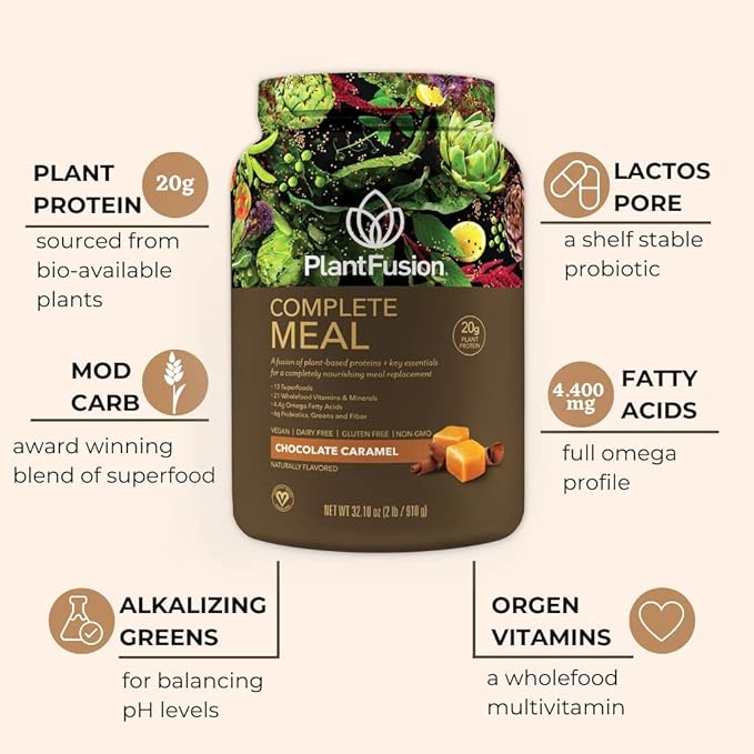 PlantFusion Complete Meal Replacement Shake - Plant Based Protein Powder with Superfoods, Greens & Probiotics - Vegan, Gluten Free, Soy Free, Non-Dairy, No Sugar, Non-GMO - Chocolate Caramel 1 lb