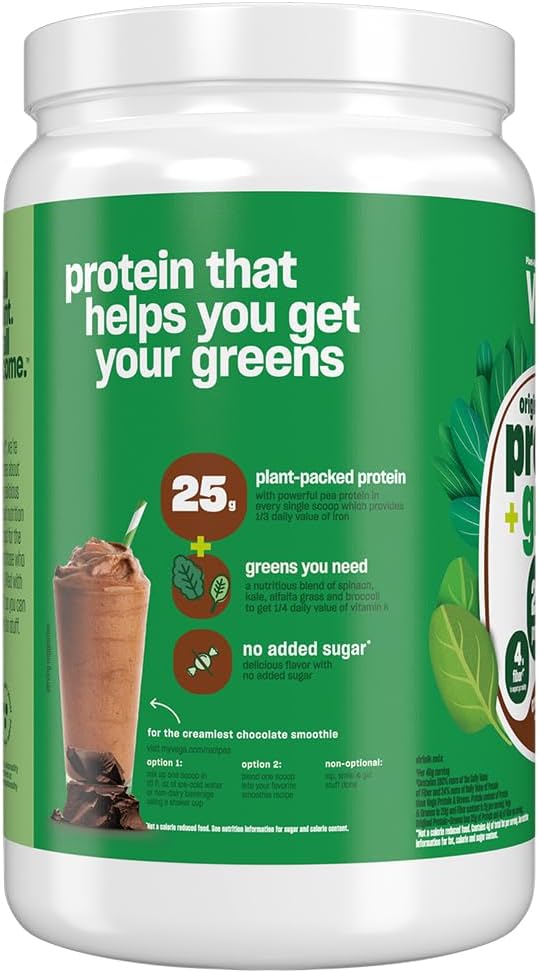 Vega Protein and Greens Protein Powder, Chocolate - 20g Plant Based Protein Plus Veggies, Vegan, Non GMO, Pea Protein for Women and Men, 1.3 lbs