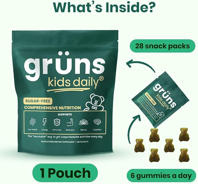 Gruns Kids Super Greens Gummies, Sugar-Free - Superfood Gummy Bears with Spirulina, Chlorella & Prebiotics for Digestive Health - Adaptogens Supplement with 20 Vitamins & Minerals - 1 Month Supply