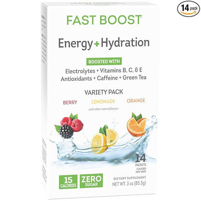 Wonderslim FAST BOOST Energy & Hydration Drink Mix, Variety Pack, with Electrolytes, Vitamins B, C & E, Antioxidants, No Sugar (14ct)