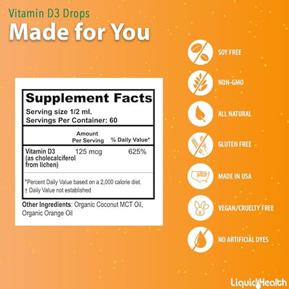 LIQUIDHEALTH Liquid Vitamin D3 5000 IU, Organic Vitamin D Liquid Drops, Adults & Kids, Vegan Liquid Vitamin D for Immune Support, Bone Health, Mood Support - (3pack)