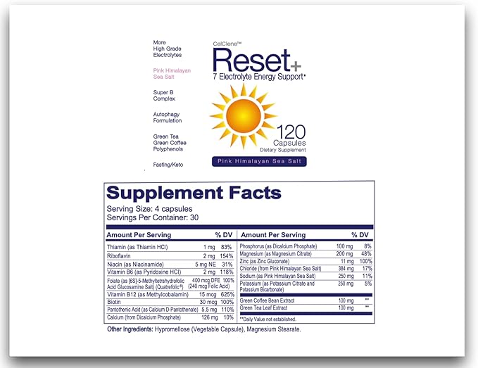 Reset+ 7 Energy Electrolytes, Methyl B12, Methyl Folate, Pink Salt, Magnesium, Super B Complex, Green Tea & Green Coffee Extracts, Biotin, Zinc, 72 Trace Minerals