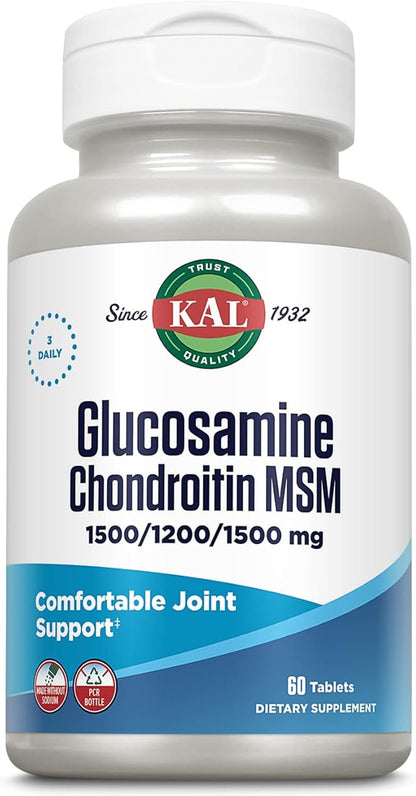 KAL Glucosamine Chondroitin MSM, Joint Support Supplement for Women and Men, 1500mg Glucosamine Sulfate, 1200mg Chondroitin, 1500mg MSM, Rapid Disintegration, 60-Day Guarantee, 20 Servings, 60 Tablets