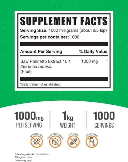 BulkSupplements.com Saw Palmetto Extract Powder - Serenoa Repens, Saw Palmetto Supplement, Saw Palmetto Powder - Vegan & Gluten Free, 1000mg per Serving, 1kg (2.2 lbs) (Pack of 1)