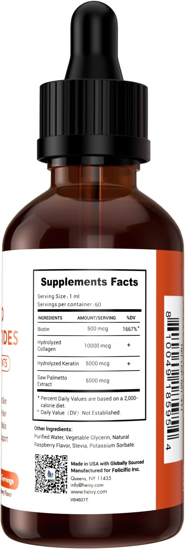 Liquid Collagen for Women, Collagen Peptides with Biotin, 4-in-1 for Radiant Skin, Healthy Hair, Strong Nails, Joint Support, Liquid Collagen Drops, Raspberry Flavor- 2 fl oz