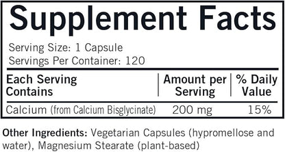 Kirkman - Calcium Bisglycinate Chelate 200mg - 120 Capsules - Without Vitamin D3 - Helps Maintain Strong Bones - Hypoallergenic