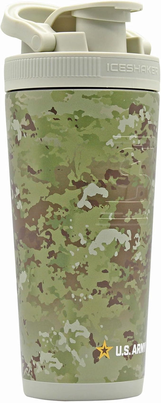 IS ICESHAKER Ice Shaker Army Camo Stainless Steel Protein Shaker Bottle, Insulated Gym Water Bottle, Keeps Drinks Ice-Cold for 30+ Hours, As Seen on Shark Tank