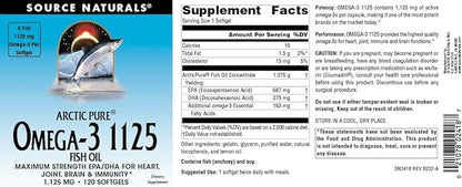 Source Naturals ArcticPure Omega-3 Fish Oil 1125mg Ultra Potency Maximum Strength EPA + DHA for Heart, Joint, Brain & Immune Health - 120 Softgels