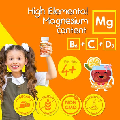 Chewable Magnesium for Kids, Relaxation and Calm Formula, Glycinate, Citrate, Taurate, Vitamin B6, D, C, Natural Fruit Punch Flavor, Sugar Free, Gluten Free, Non-GMO, 60 Chewable Tablets