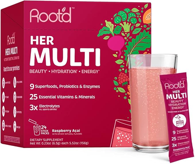 Root'd Multivitamin Powder for Women - 25 Vitamins & Minerals with 3X Electrolytes, 9 Organic Superfoods, Probiotics & Enzymes, Sugar-Free Multivitamin & Hydration | 24 Vitamin Drink Mix Packets