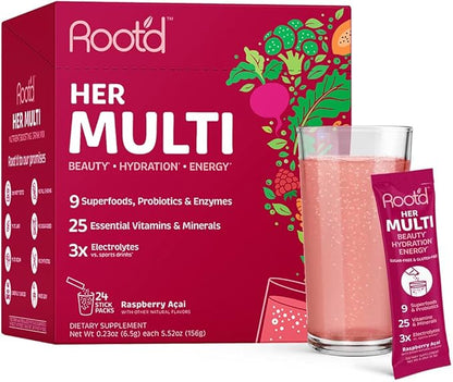 Root'd Multivitamin Powder for Women - 25 Vitamins & Minerals with 3X Electrolytes, 9 Organic Superfoods, Probiotics & Enzymes, Sugar-Free Multivitamin & Hydration | 24 Vitamin Drink Mix Packets