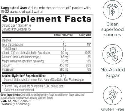 Ancient Nutrition Rapid Hydration Powder, Strawberry Lemonade, Electrolytes from Natural Sea Salts and Red Marine Algae, Supports Rapid Body Hydration and Cellular Health, 15 Servings