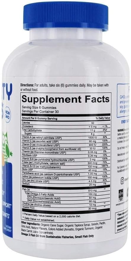 Adult Complete Daily Gummy Vitamins: Gluten Free, Multivitamin & Omega 3 DHA/EPA Fish Oil, Methyl B12, Vitamin D3, Non-GMO, 180 Count (30 Day Supply)