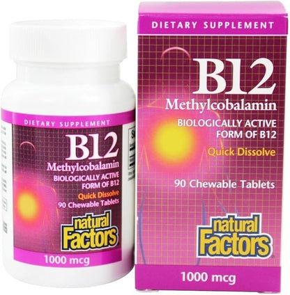 Natural Factors, Vitamin B12 Methylcobalamin 1000 mcg, Chewable Support for Energy and Immune Health, Vegetarian, Gluten Free, 90 tablets (90 servings)