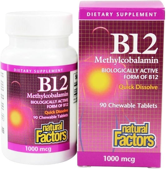 Natural Factors, Vitamin B12 Methylcobalamin 1000 mcg, Chewable Support for Energy and Immune Health, Vegetarian, Gluten Free, 90 tablets (90 servings)