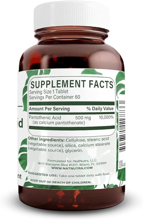 Natural Nutra Time Release Pantothenic Acid 500 mg, Vitamin B5 Supplement Helps Break Down Fat and Carbohydrates, Metabolism and Energy, Improve Muscle Health, 60 Vegetarian Tablets (3 Pack)