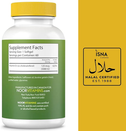 Noor Vitamins Halal Vitamin D, Halal Vitamin D3, 5000 IU Softgels, Supports Bone, Immune & Heart Health, from Safflower Oil to Maximize Absorption, Non-GMO, Gluten Free & Halal (60 Count)…