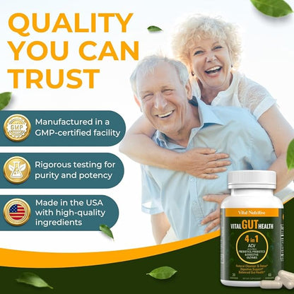 Vital Gut Health 4in1 Formula with Apple Cider Vinegar, Prebiotics & Probiotics, Digestive Enzymes for Strong Immunity Support and Complete Gut and Digestion Support