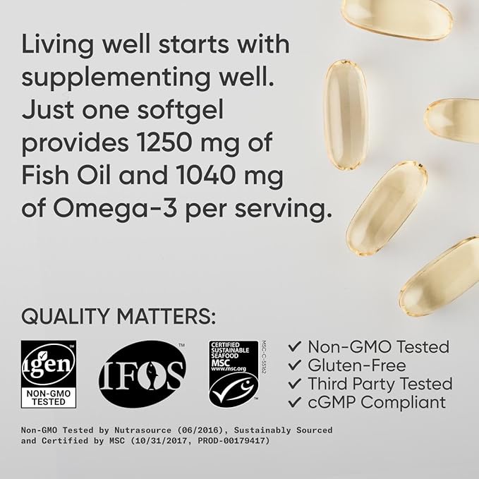 Sports Research Triple Strength Omega 3 Fish Oil 1250mg from Wild Alaska Pollock - Burpless Fish Oil Supplement with Omega3s EPA & DHA - Sustainably Sourced, Non-GMO, Gluten Free - 30 Softgels