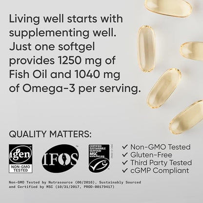 Sports Research Triple Strength Omega 3 Fish Oil 1250mg from Wild Alaska Pollock - Burpless Fish Oil Supplement with Omega3s EPA & DHA - Sustainably Sourced, Non-GMO, Gluten Free - 30 Softgels