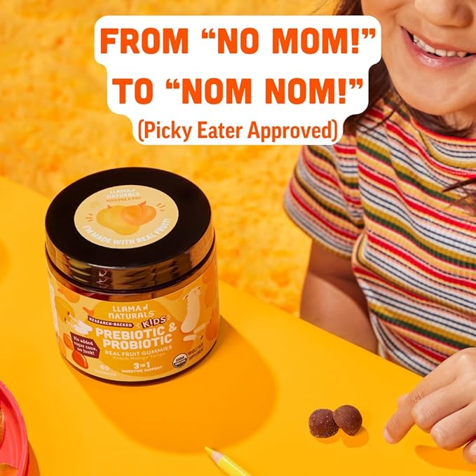 Llama Naturals Real Fruit Prebiotic & Probiotic Kids Gummies | No Added Sugar Cane | Vegan Organic Synbiotics | Children Digestion, Toddler Gut Health 2B CFU | 120 ct (2-4 Months) | Peach Mango