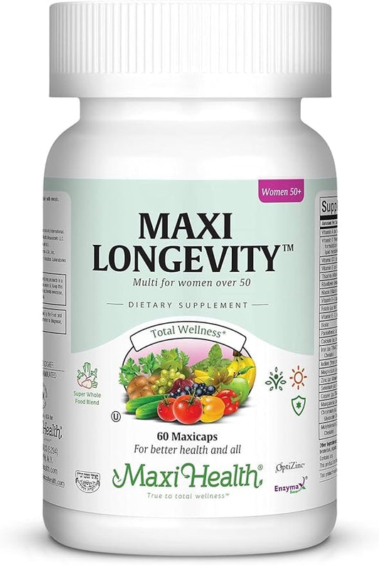 Maxi Health Longevity - Multivitamins & Minerals Supplement for Women Over 50-60 Capsules - Kosher