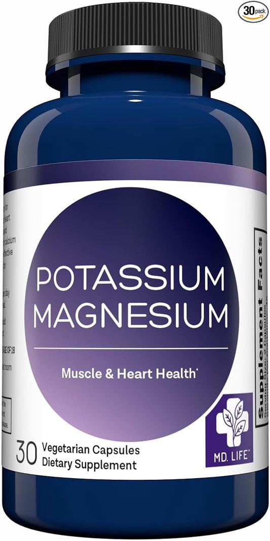 MD. Life Magnesium Potassium Supplement - 30 Capsules - High Absorption Magnesium Complex - Magnesium Supplement to Support Vascular Health & Leg Cramp 30cts
