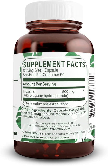 Natural Nutra L Lysine HCl, Promotes Bone Health and Growth, Helps Built Collagen, Improve Calcium Absorption, Non-GMO, Vegan, 500 mg, 50 Capsules.