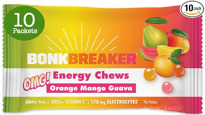 Bonk Breaker Energy Chews with Electrolytes, Orange Mango Guava, Easy to Chew Energy Gummies, 10 Pack