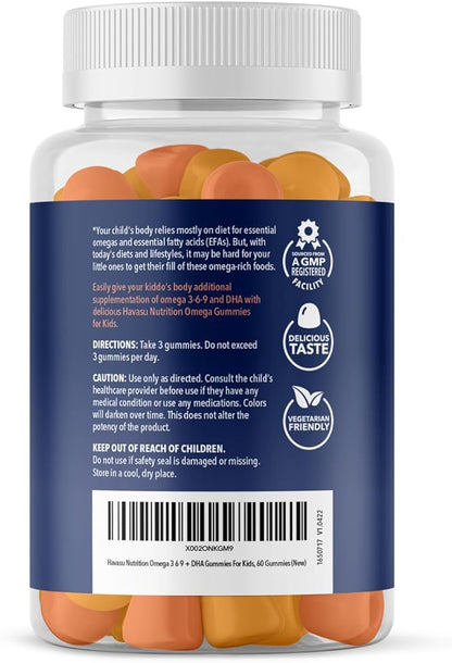 Omega 3 Kids Gummies | Omega 3-6-9 Vegetarian Plant-Based Fish Oil for Kids | EPA + DHA for Kids 2+ | Body & Brain Development | No Fishy Taste | Lemon & Orange Flavors | 60 Vegan Fish Oil Gummies