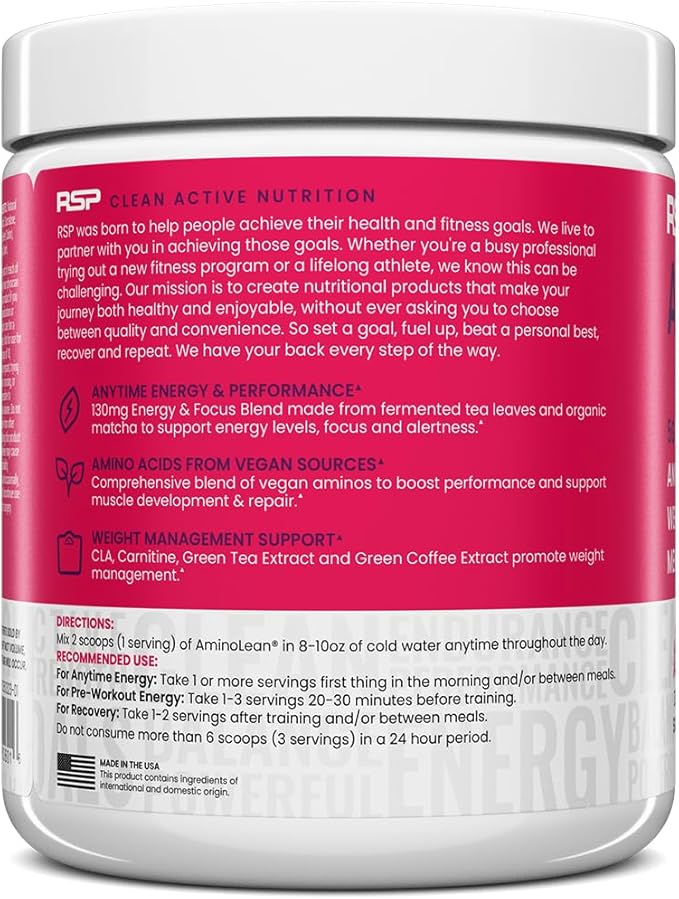 RSP NUTRITION AminoLean Pre Workout Powder, Amino Energy & Weight Management with Vegan BCAA Amino Acids, Natural Caffeine, Preworkout Boost for Men & Women, 30 Serv
