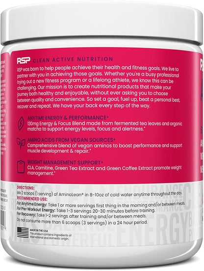 RSP NUTRITION AminoLean Pre Workout Powder, Amino Energy & Weight Management with Vegan BCAA Amino Acids, Natural Caffeine, Preworkout Boost for Men & Women, 30 Serv